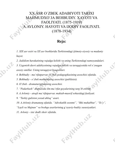 xx asr o`zbek adabiyoti tarixi. mahmudxo`ja behbudiy xayoti va  faoliyati.  a.avloniy. hayoti va ijodiy faoliyati — DOC