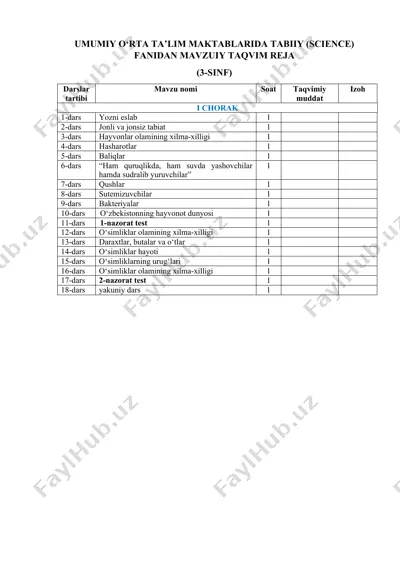 umumiy o‘rta ta’lim maktablarida tabiiy (science) fanidan mavzuiy taqvim reja (3-sinf) — DOCX