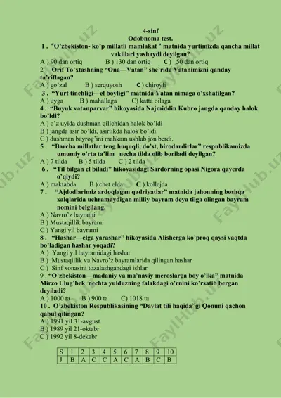 4-sinf odobnoma test — DOCX