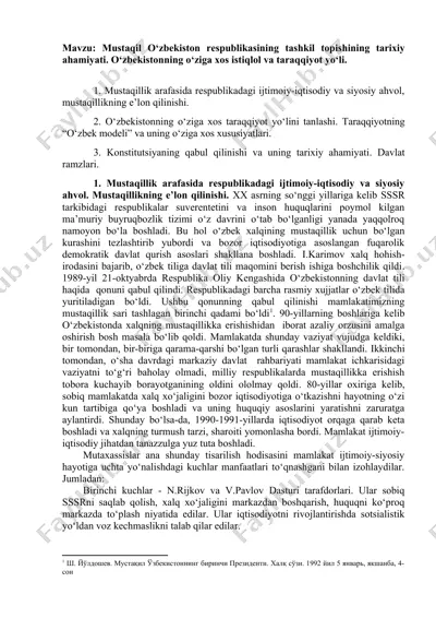 mustaqil o‘zbekiston respublikasining tashkil topishining tarixiy ahamiyati — DOCX