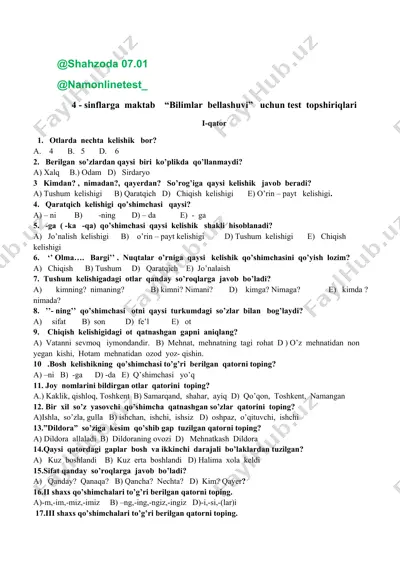 4-sinflarga maktab "bilimlar bellashuvi" uchun test topshiriqlari — DOCX