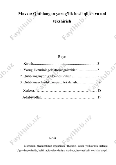 qutblangan yorug’lik hosil qilish va uni tekshirish kurs ishi — DOCX