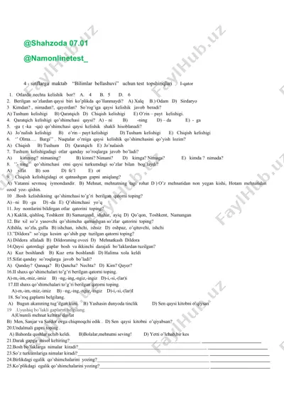 test topshiriqlari "bilimlar bellashuvi" uchun — DOCX