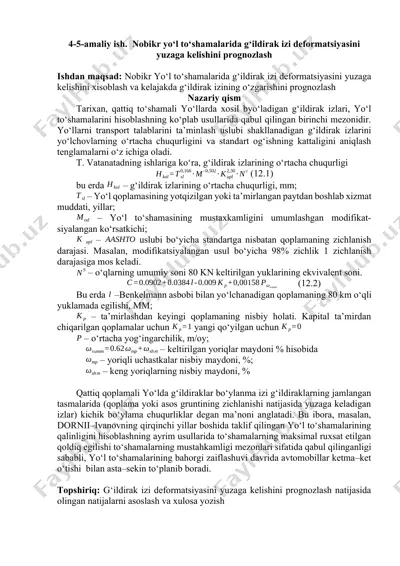 nobikr yo‘l to‘shamalarida g‘ildirak izi deformatsiyasini yuzaga kelishini prognozlash — DOCX
