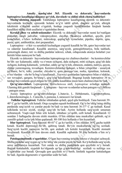 amaliy mashg‘ulot №5. ekzotik va dekorativ hayvonlarda leptospiroz kasalligiga diagnoz qo‘yish, davolash va oldini olish chora-tadbirlari — DOCX
