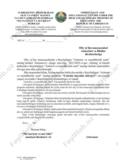 axborot va murabbiylik soati mashg'ulotlari "ustozim hayotim chirog'i!" — DOCX
