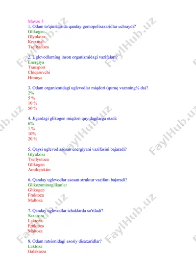 uglevodlar haqida test savollari — DOCX