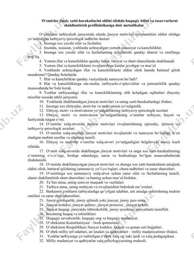 o‘smirlar jinoiy xatti-harakatlarini oldini olishda huquqiy bilim va tasavvurlarni shakllantirish profilaktikasiga doir metodikalar — DOCX