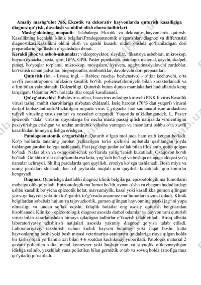 amaliy mashg‘ulot №6. ekzotik va dekorativ hayvonlarda quturish kasalligiga diagnoz qo‘yish, davolash va oldini olish chora-tadbirlari — DOCX