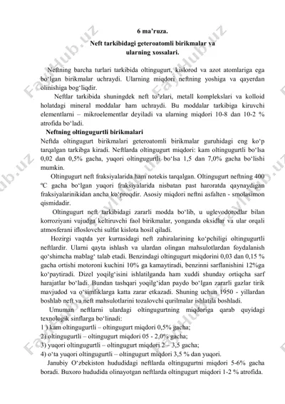 neft tarkibidagi geteroatomli birikmalar va ularning xossalari — PDF