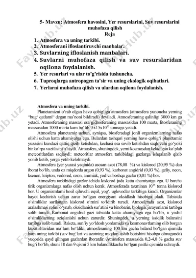 atmosfera havosini, yer resurslarini, suv resurslarini muhofaza qilish — DOCX