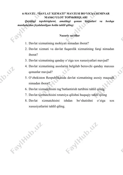 “davlat xizmati” mavzusi bo‘yicha seminar mashg‘ulot topshiriqlari — DOCX