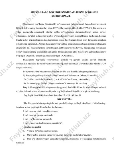 shaxslararo bog‘liqlikni (itoatlilikni) o‘rganish so‘rovnomasi — DOCX