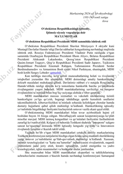 o‘zbekiston respublikasi prezidenti mdh sammitida ishtirok etdi — DOCX