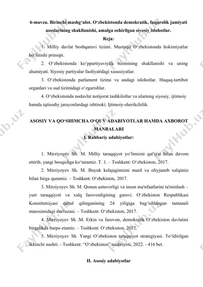 o‘zbekistonda demokratik, fuqarolik jamiyati asoslarining shakllanishi, amalga oshirilgan siyosiy islohotlar — DOCX