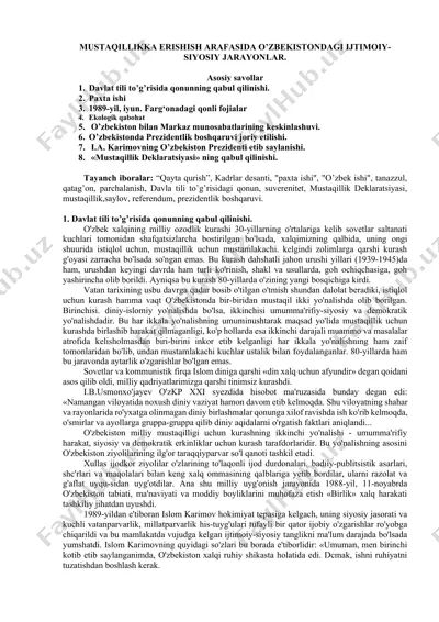 mustaqillikka erishish arafasida o'zbekistondagi ijtimoiy-siyosiy jarayonlar — DOCX