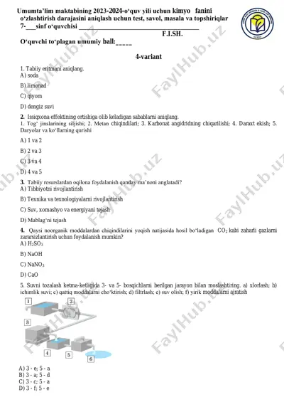 kimyo fanidan test savollari — PDF