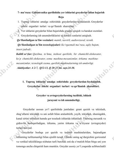 gidrotexnika qurilishida yer ishlarini greyderlar bilan bajarish — DOCX