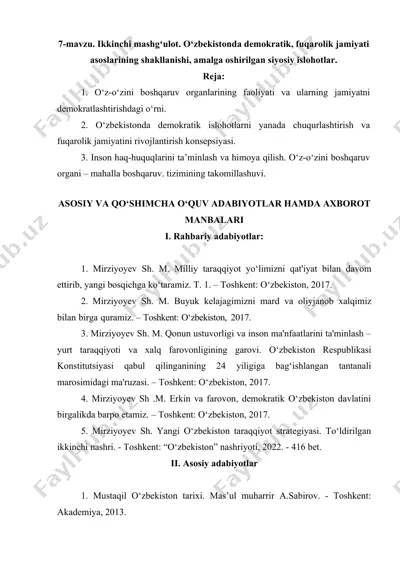 o‘zbekistonda demokratik, fuqarolik jamiyati asoslarining shakllanishi, amalga oshirilgan siyosiy islohotlar — DOCX