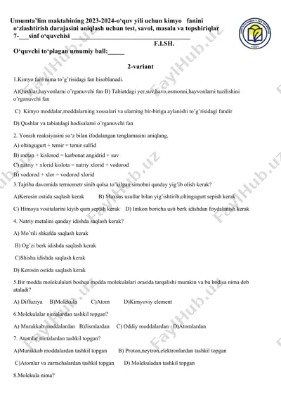 umumta’lim maktabining 2023-2024-o‘quv yili uchun kimyo fanini o‘zlashtirish savollari — DOCX