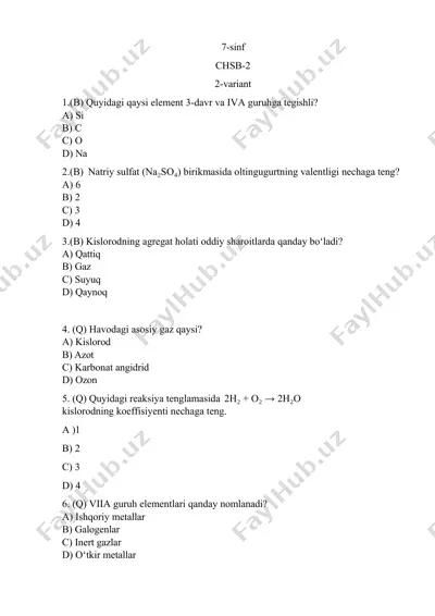 kimyo sinovi test savollari — DOCX