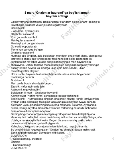 8 mart “onajonlar bayrami”ga bag’ishlangan bayram ertaligi — DOCX