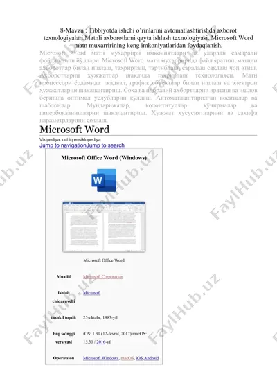 tibbiyotda ishchi o’rinlarini avtomatlashtirishda axborot texnologiyalari.matnli axborotlarni qayta ishlash texnologiyasi. microsoft word matn muxarririning keng imkoniyatlaridan foydaqlanish. — DOCX
