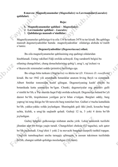 magnoliyanamolar (magnoliales) va lavrnamolar(laurales) qabilalari — DOCX