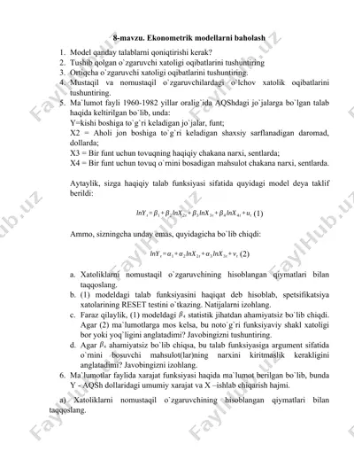 ekonometrik modellarni baholash — DOCX