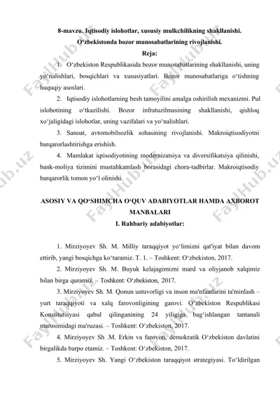 iqtisodiy islohotlar, xususiy mulkchilikning shakllanishi. o‘zbekistonda bozor munosabatlarining rivojlanishi. — DOCX