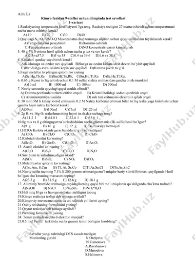 kimyo fanidan 9-sinflar uchun olimpiada test savollari i-variant — DOCX