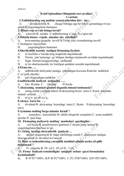 9-sinf iqtisoddan olimpiada test savollari — DOCX