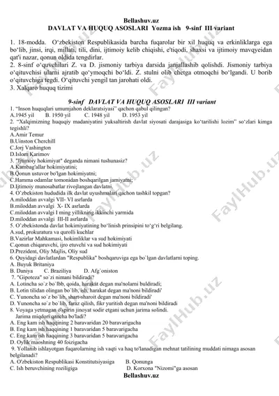 davlat va huquq asoslari yozma ish 9-sinf iii variant — DOCX