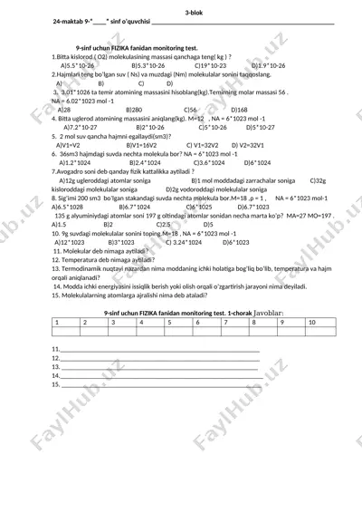 fizika fanidan monitoring test — DOCX