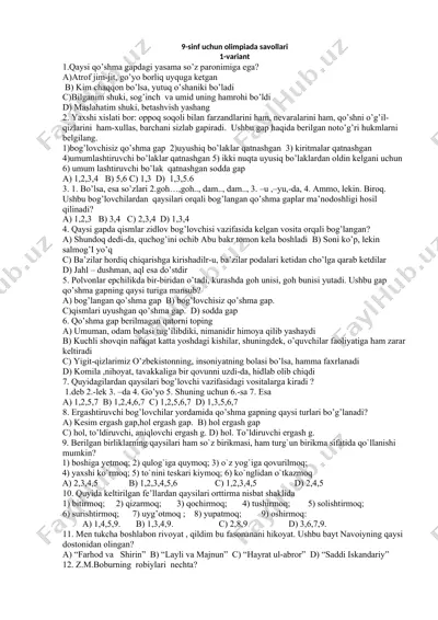 9-sinf uchun olimpiada savollari — DOCX