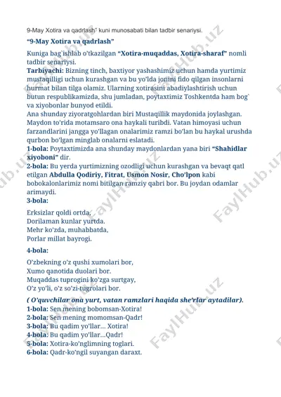 9-may xotira va qadrlash kuni munosabati bilan tadbir senariysi — DOCX