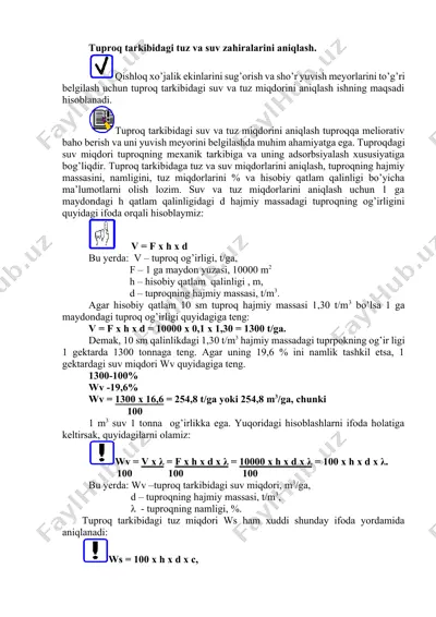 tuproq tarkibidagi tuz va suv zahiralarini aniqlash — DOCX