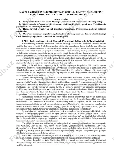 o‘zbekistonda demokratik, fuqarolik jamiyati asoslarining shakllanishi, amalga oshirilgan siyosiy ishlar — DOCX