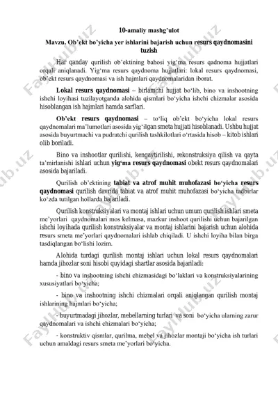 amaliy mashg'ulot mavzusida ob'ekt bo'yicha yer ishlarini bajarish resurs qaydnomasi — PDF