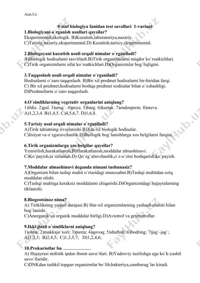 9-sinf biologiya fanidan test savollari 1-variant — DOCX