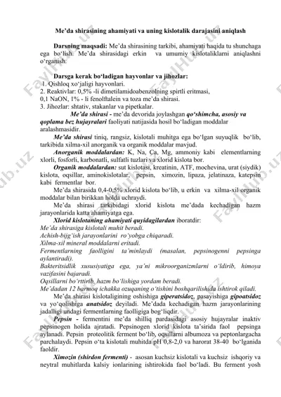 me’da shirasining ahamiyati va uning kislotalik darajasini aniqlash — DOCX