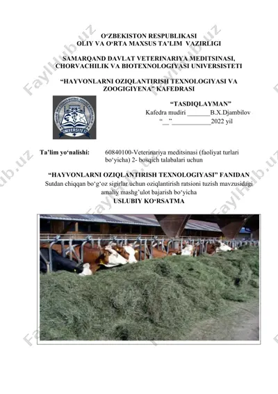 sutdan chiqqan bo‘g‘oz sigirlar uchun oziqlantirish ratsioni tuzish — DOCX