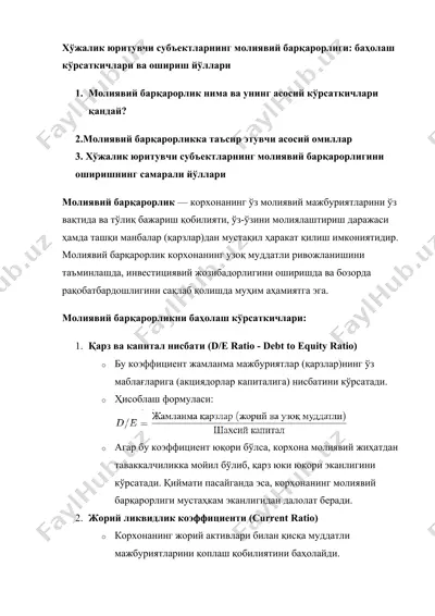 moliya barqarorligi va baho aholisi — DOCX