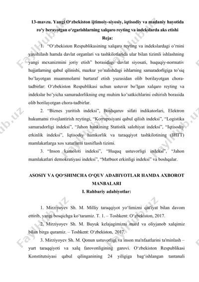 o‘zbekiston ijtimoiy-siyosiy, iqtisodiy va madaniy hayotida roʻy berayotgan oʻzgarishlarning xalqaro reyting va indekslarda aks etishi — DOCX