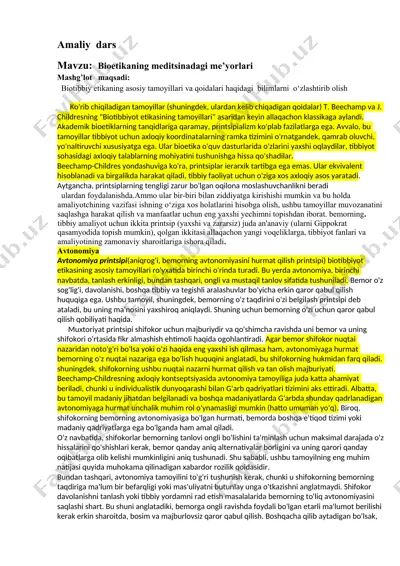 bioetikaning meditsinadagi me’yorlari — DOCX