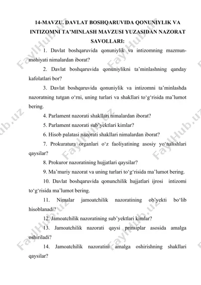 davlat boshqaruvida qonuniylik va intizomni ta’minlash mavzusi yuzasidan nazorat savollari — DOCX
