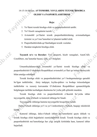 avtomobil yo‘llarini texnik hisobga olish va pasportlashtirish — DOCX