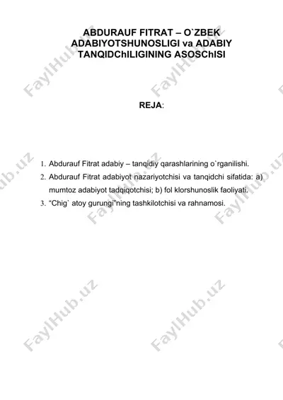abdurauf fitrat - o`zbek adabiyotshunosligi va adabiy tanqidchiligining  asoschisi — DOC