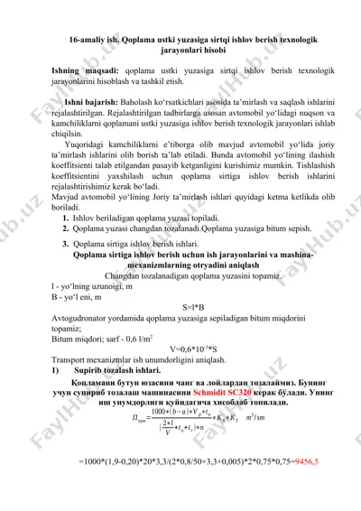 qoplama ustki yuzasiga sirtqi ishlov berish texnologik jarayonlari hisobi — DOCX