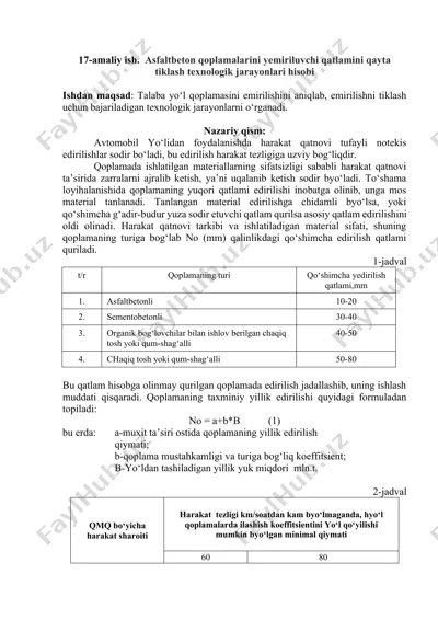 asfaltbeton qoplamalarini yеmiriluvchi qatlamini qayta tiklash texnologik jarayonlari hisobi — DOCX